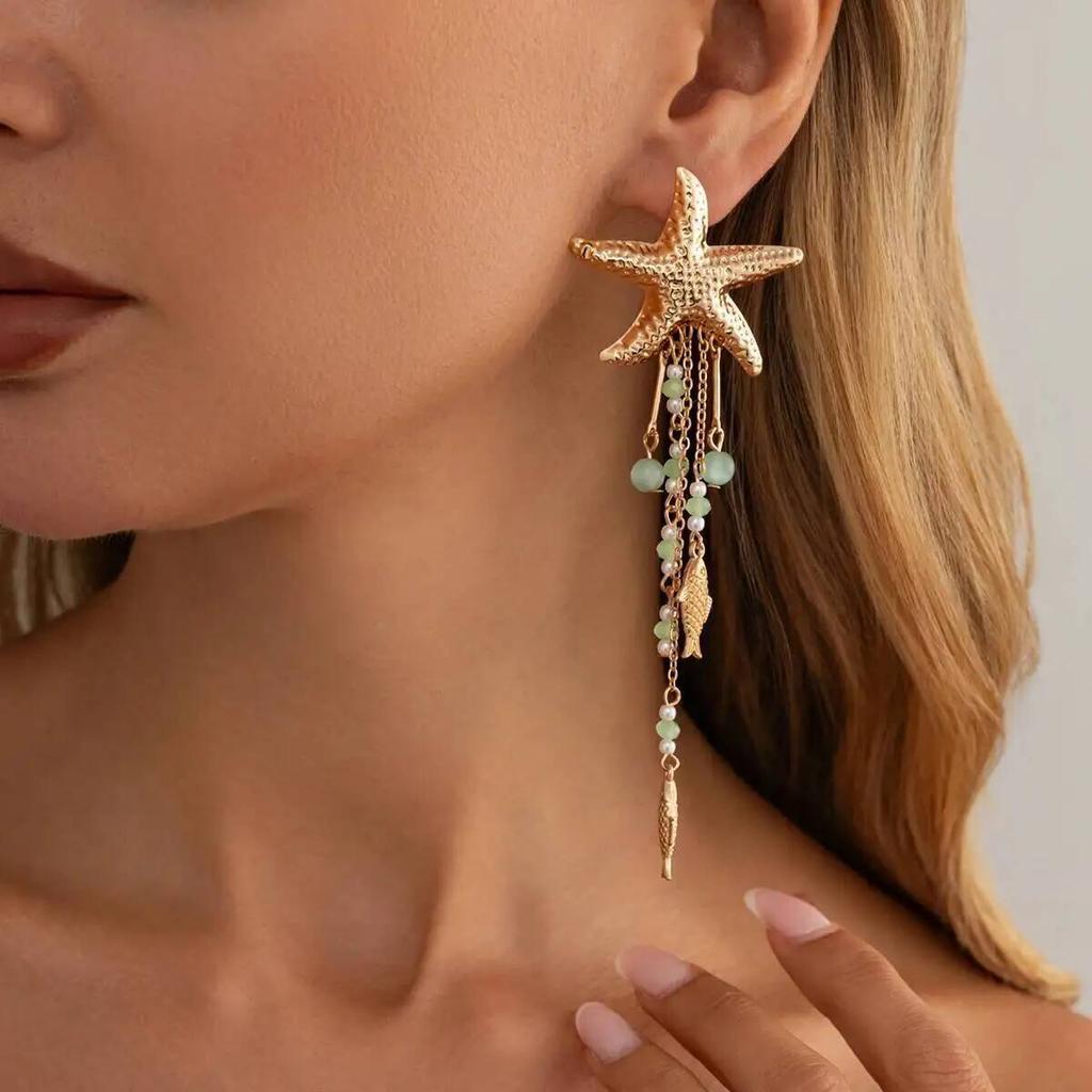 SHIXIN Trendy Starfish Fish Drop Earrings Women Summer Beach Imitation Pearl Crystal Tassel Piercing Earrings Vacation Jewelry