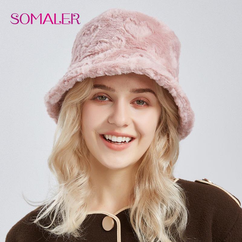 SOMALER Ведро из искусственного кроличьего меха для женщин, зимние теплые шапки с узором в виде сердца, пушистая однотонная рыбацкая шляпа, уличная Панама для женщин