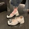 Fashion 2024 Summer New Single-shoe Women's Small Leather Shoes French Chunky Heel Vintage Mary Jane Shoes