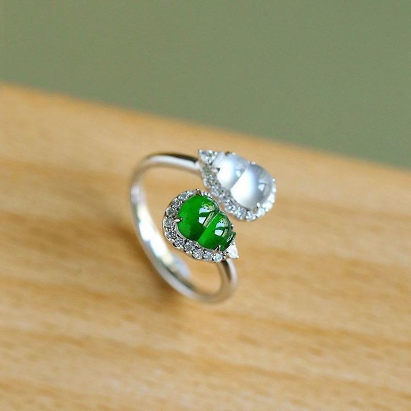 Silver 925 Inlaid Green and White Dual Tone Natural Chalcedony Gourd Rings for Women Exquisite and Fashion Ring Jewelry Gifts