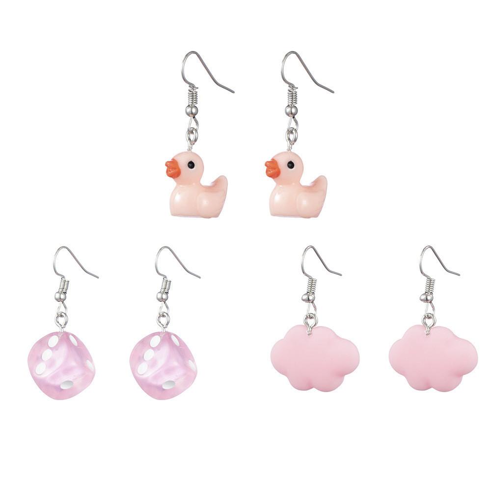 Stylish Pink Resin Earrings Set With White Cloud Duck And Dice Design For Women