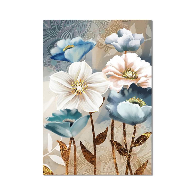 Golden Blue Flowers Nordic Poster Modern Abstract Wall Art Print Canvas Painting Wall Pictures for Living Room Home Decoration