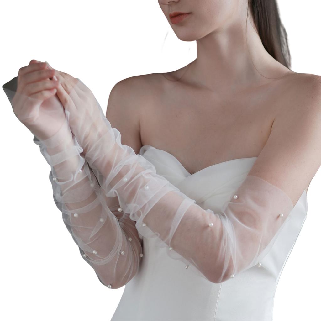 Перчатки с оборками Легкие Элегантные Накидки на руки Жемчуг Длинный рукав Декоративный Тюль для Свадьбы Искусственный жемчуг Перчатки Прозрачные