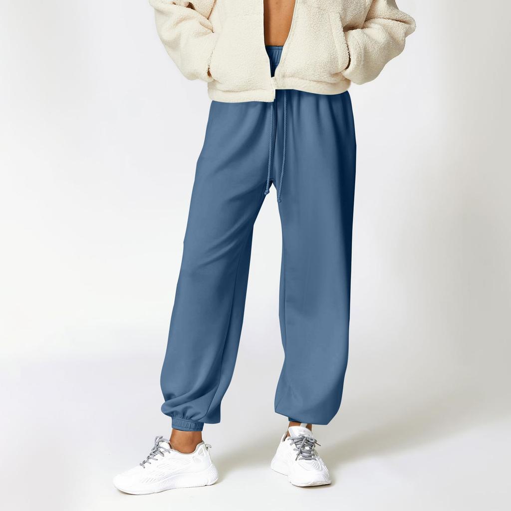 Женские эластичные повседневные брюки с высокой талией и широкими длинными штанинами с карманами