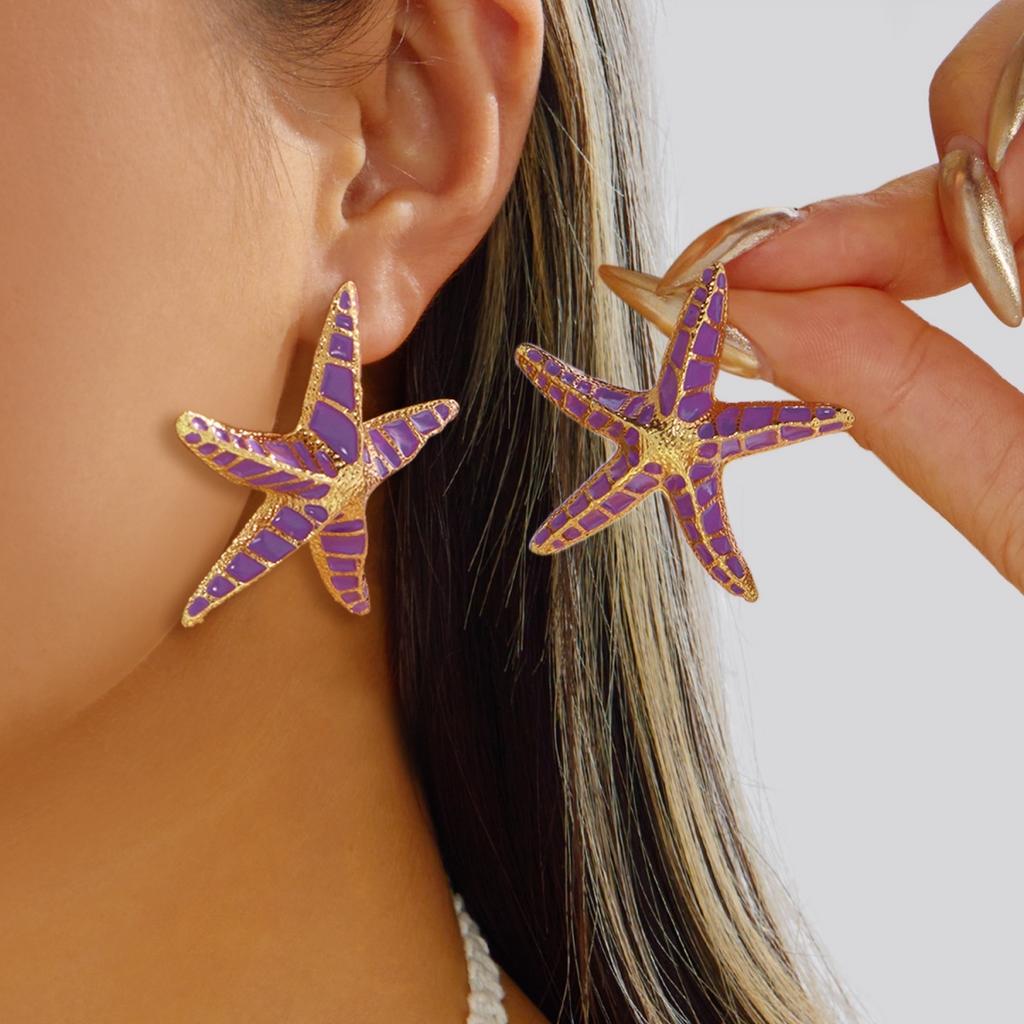 Exaggerated Enamel Starfish Conch Pendant Necklace Earrings Set For Women Men Boho Ocean Beach Sea Star Summer Party Jewelry Set
