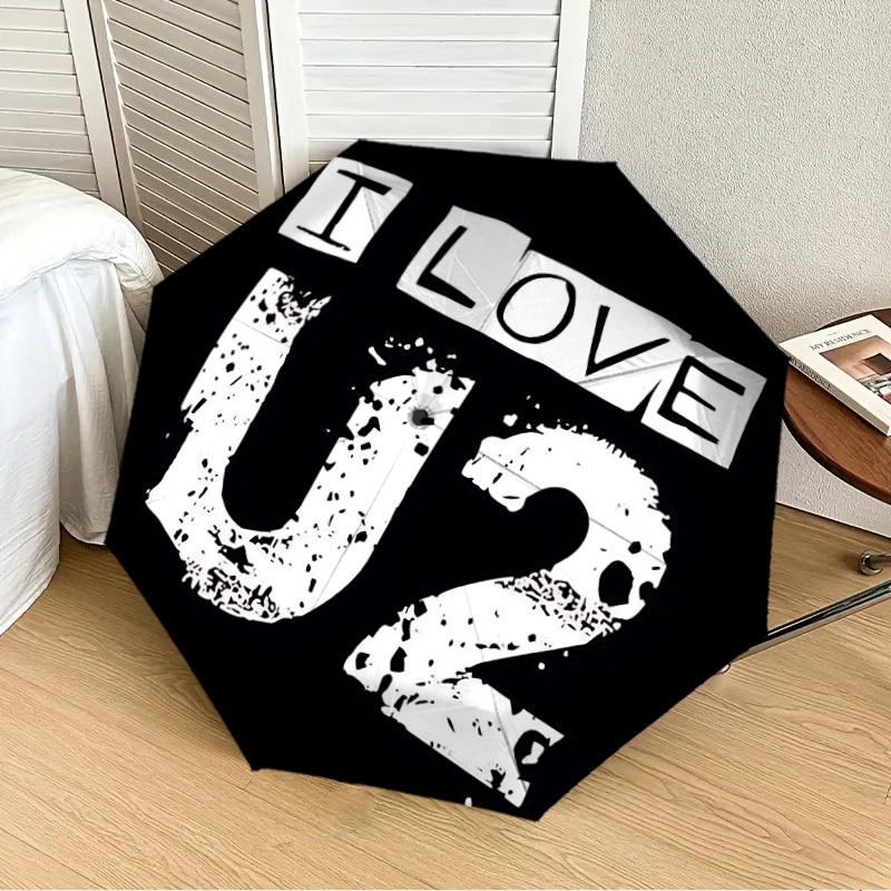 1pc I LOVE U2 [Automatic Folding Umbrella] Durable Iron Frame & Rod, Portable Folding, All Seasons, Home Travel Outdoor, Makes a Great Holiday Gift yy