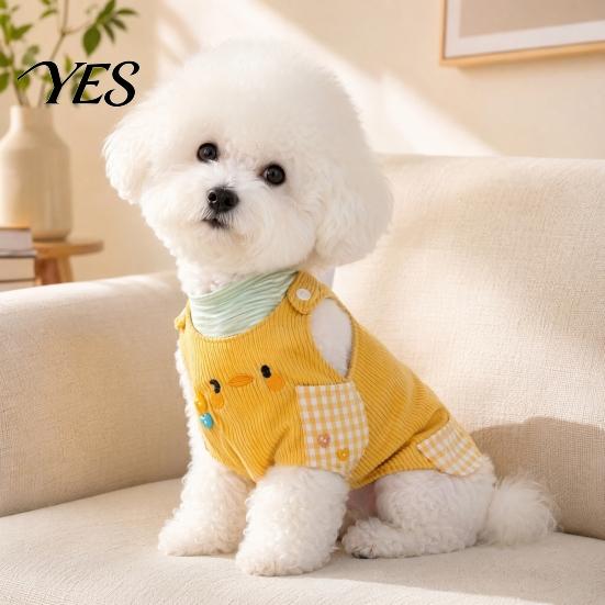 Striped Inner Layer Pet Clothing T-Shirt, Cute Duck Embroidery, Corduroy Romper Pants Dog Shirt with Leash Ring Outfit Plaid Pockets, False Two-Piece