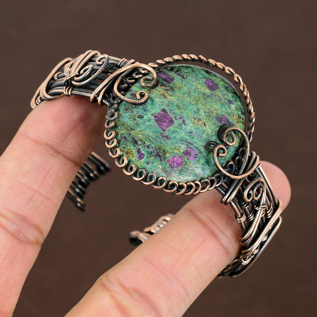 Ruby Zoisite Lab-Created Handmade Copper Wire Wrap Bangle Adjustable Y2z75