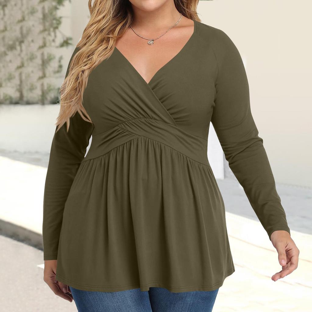 Women's Plus Size Shirt Long Sleeve Solid Color Top Pleated Casual V-Neck Top
