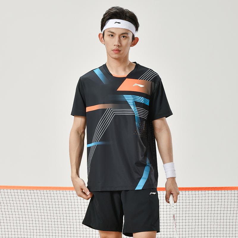 Футболка Li Ning Badminton Series с полосатым геометрическим узором, круглым вырезом, прямым кроем, коротким рукавом, мужские топы, черная AAYU137-1
