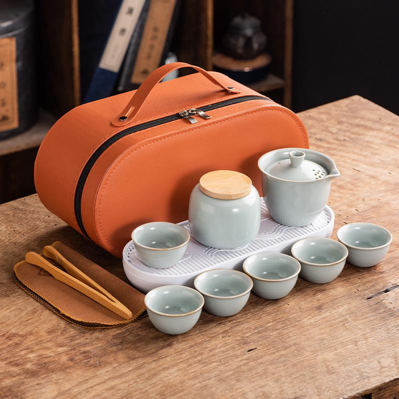 Celadon Ge Kiln Opening Film Can Raise Outdoor Portable Travel Tea Set, One Pot of Three Cups of Kuaike Tea Cup Gifts