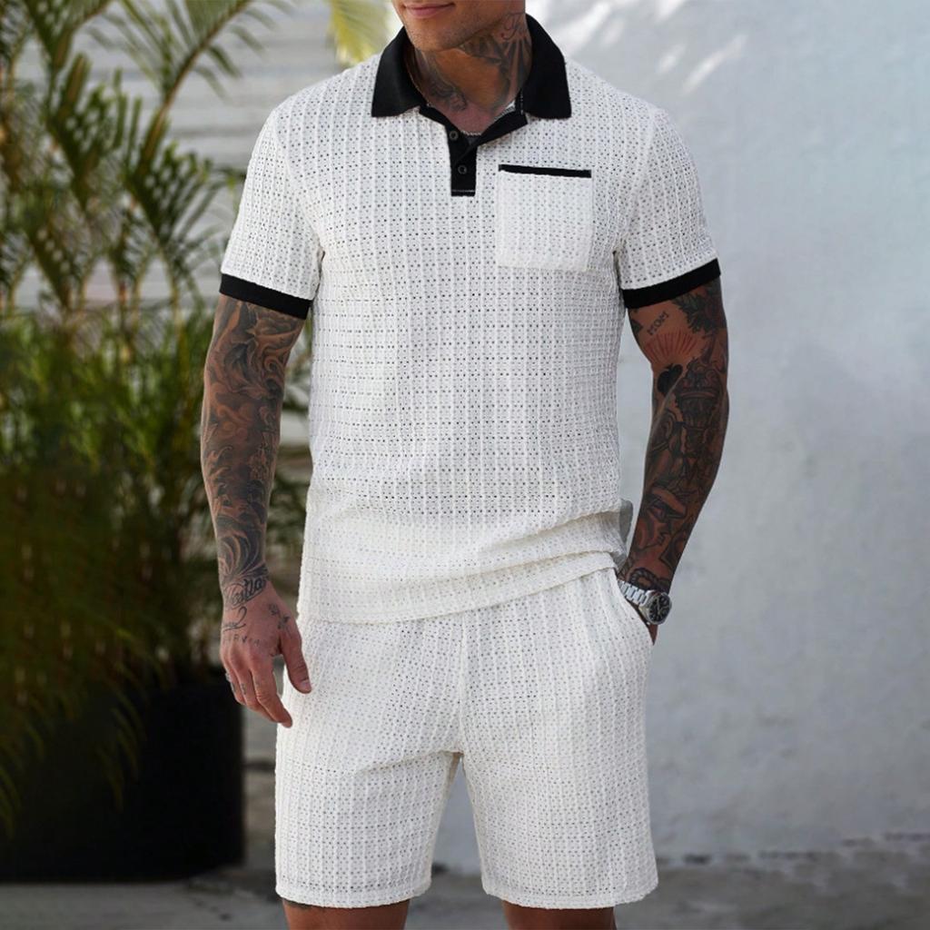 Мужской летний однотонный комплект рубашки с воротником на пуговицах и шорт с полой текстурой