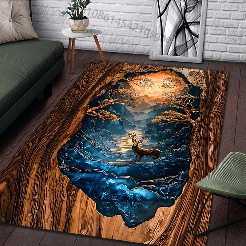 Multiple sizes Hollow tree stag blue river moonlight Print Carpet for Living Room Bedroom Sofa Home Decor Non-slip Mat Gift