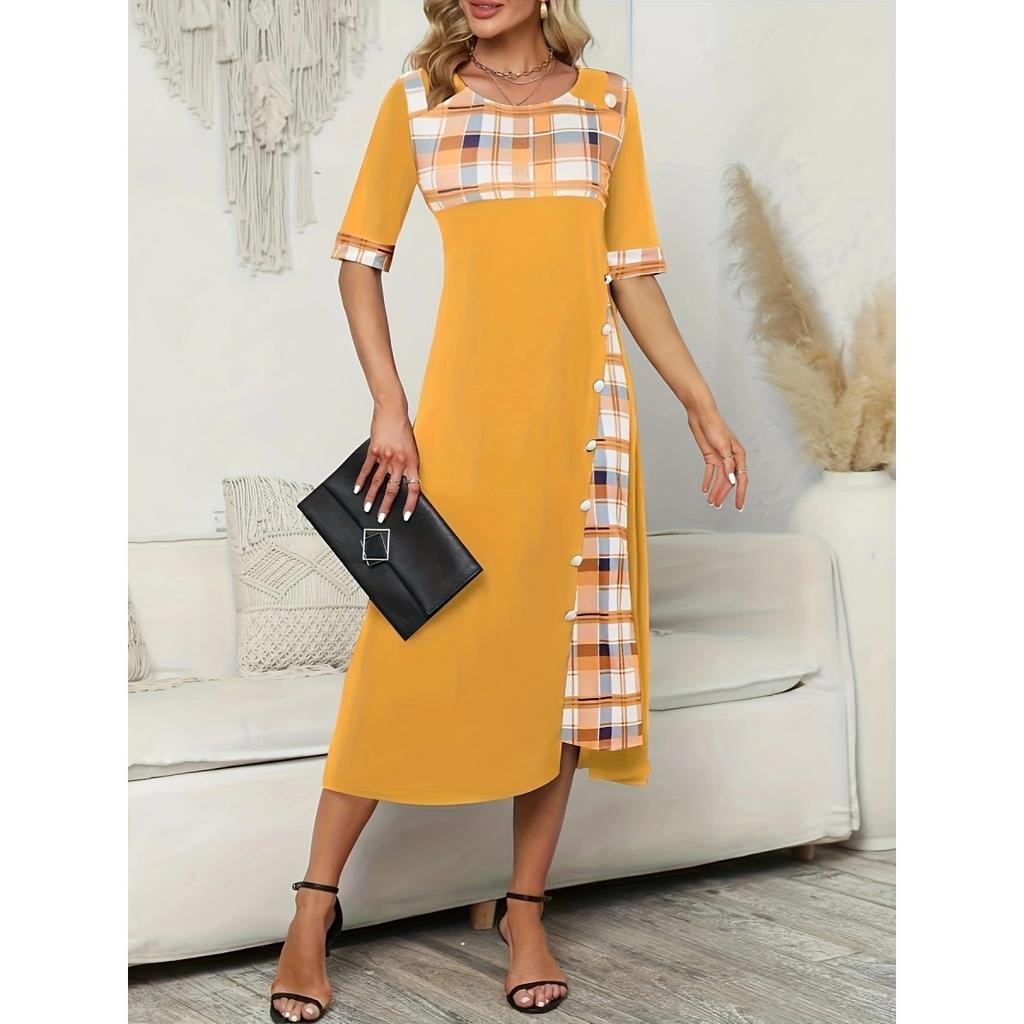 Женское винтажное длинное платье больших размеров со средним рукавом и круглым вырезом с принтом