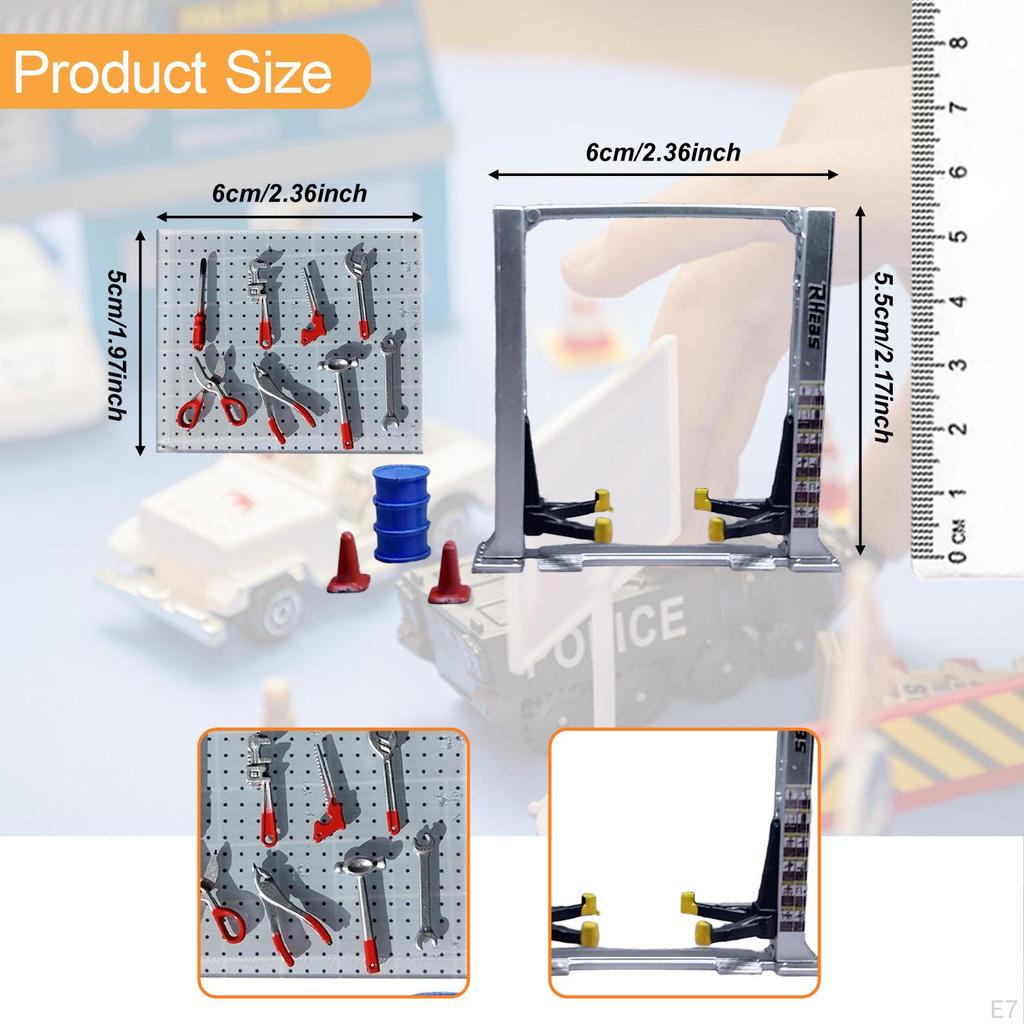 Диорама 1/64 Автогараж Инструменты для обслуживания Архитектурная модель Реалистичные дорожные конусы Подъемник Козловой кран