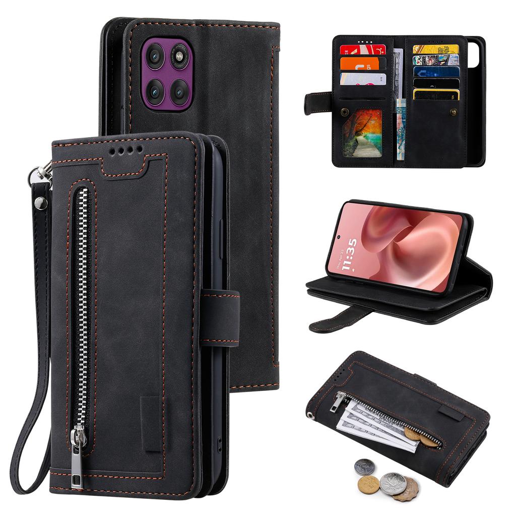 For Motorola Moto G56 5G Case 9 Card Slots Zipper Wallet PU Leather Phone Cover with Wrist Strap