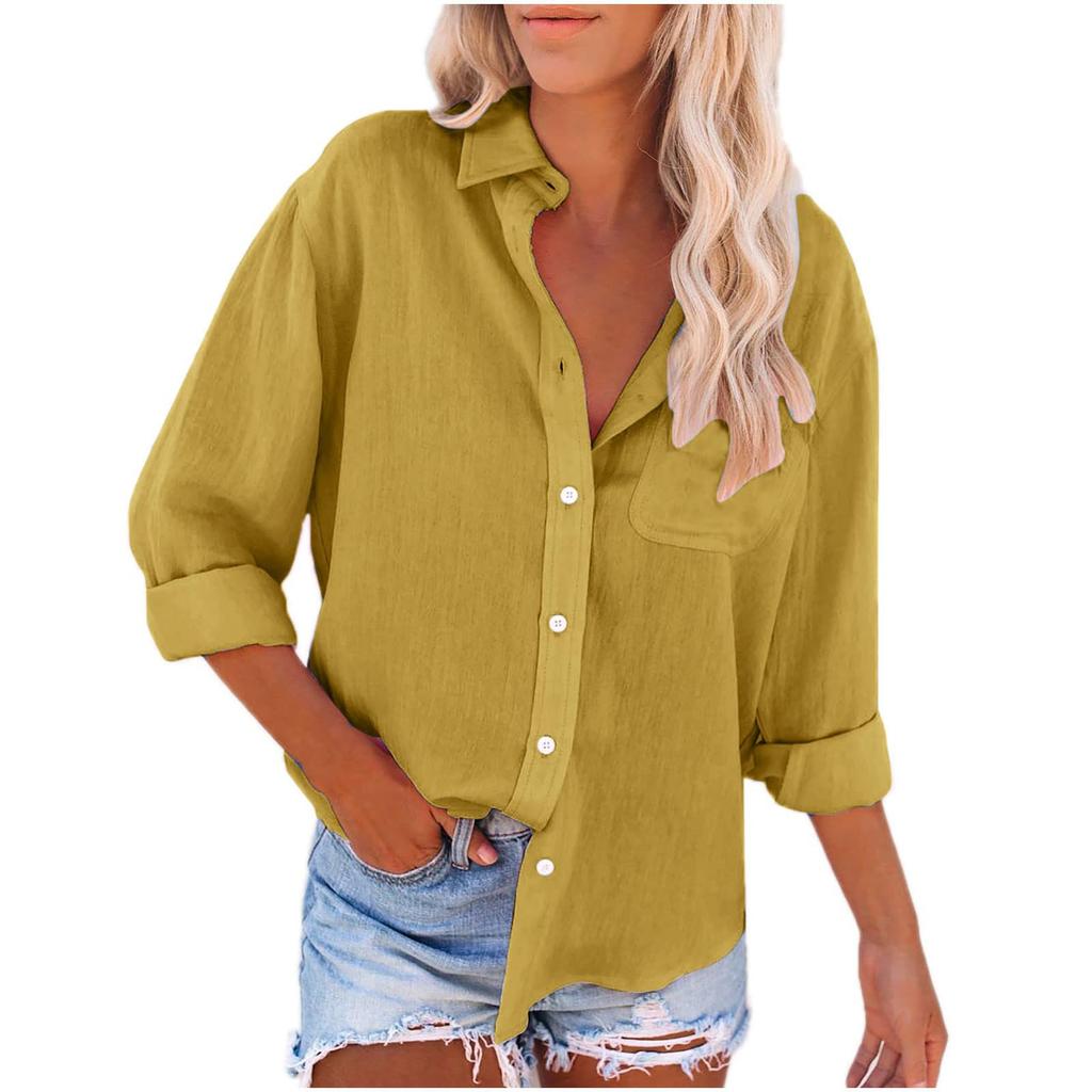 Women's Fashion Lapel Single Breasted Pocket Long Sleeve Solid Colour Casual Shirt Top