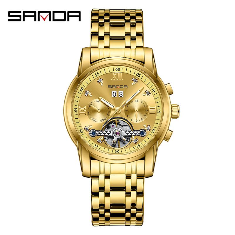 SANDA Новый продукт, мужские автоматические механические часы со стальным ремешком, кварцевые модные полые мужские часы
