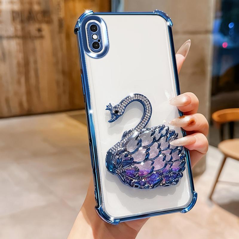KEYSION Противоударный чехол с гальваническим покрытием для iPhone XS Max Прозрачный ТПУ с блестками, инкрустированный драгоценными камнями лебедь, подставка, задняя крышка для iPhone X XR