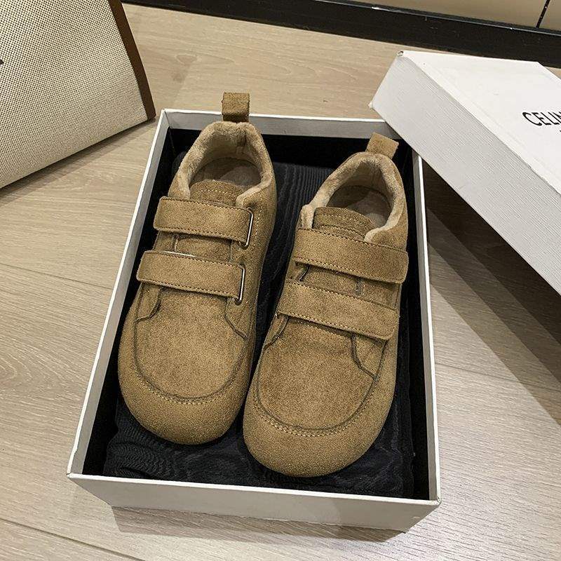 Женские бархатные туфли на толстой подошве, туфли-хлебцы, зима 2025, новые, универсальные, на липучке, повседневные спортивные термохлопковые туфли