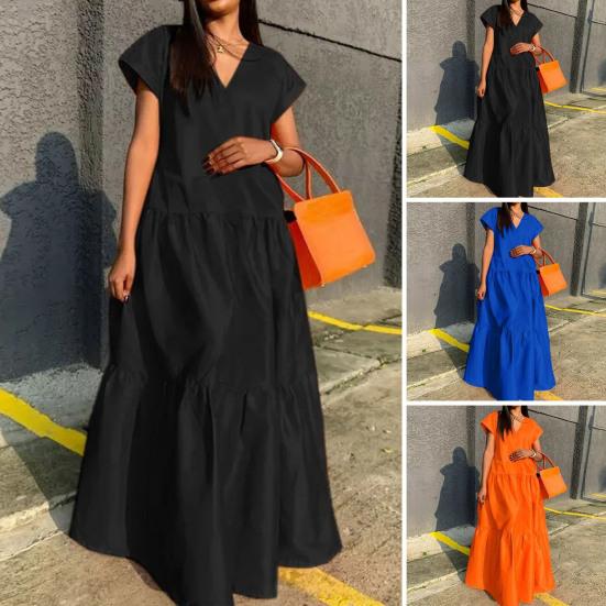 Women Summer Dress Loose V-neck Patchwork Short Sleeves Party Wearing A-line Full Length Lady Maxi Dress Female Clothes
