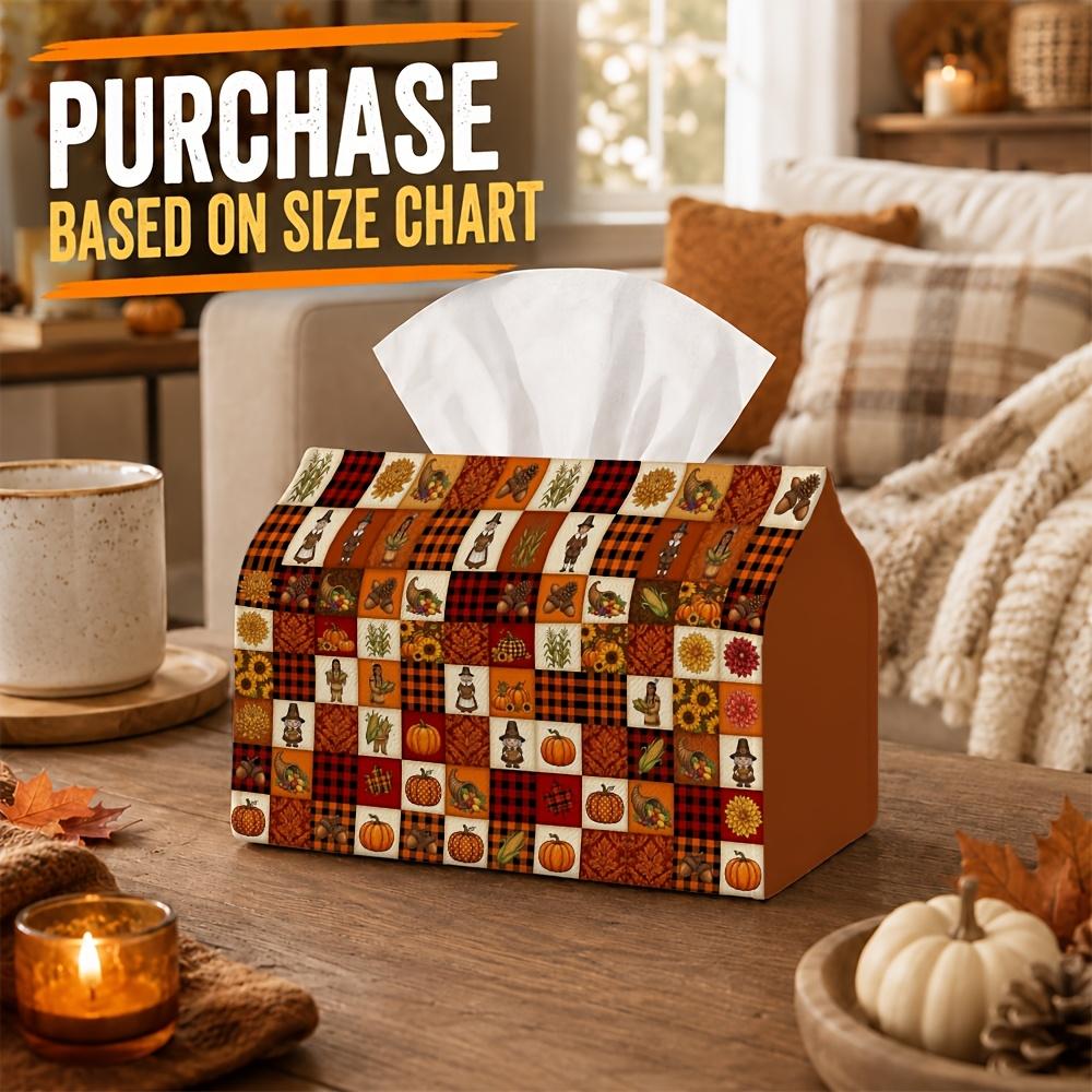 1pc Autumn Party Tissue Box,Rustic Checkered Fall,Multifunctional Tissue Holder,Turkey Pumpkin Acorn Grid,Outdoor Picnic Party Supplies,Desktop Tissue