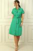 Double Pocket Front Buttoned Waist Belted Linen Effect Dress