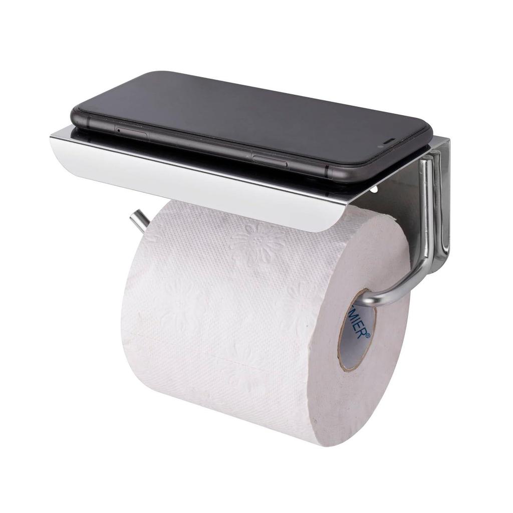 Self Adhesive and Wall Mount Stainless Steel Toilet Paper Holder with Mobile Stand, Wall Mounted Tissue Paper Holder with Shelf