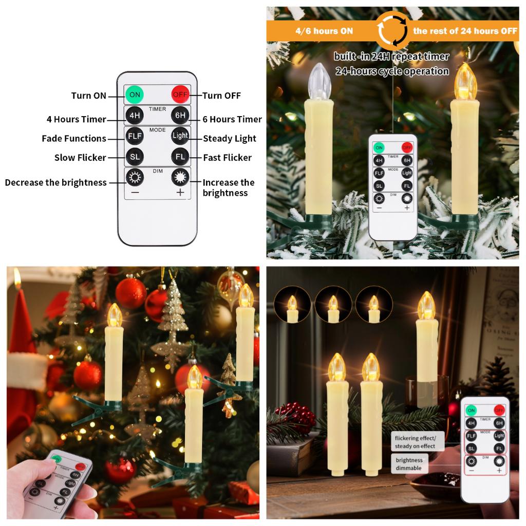Flameless LED Taper Candles Christmas Tree Electric Candle Lights Mini Taper Clip-On Candles with Remote Timer for Wedding Decor
