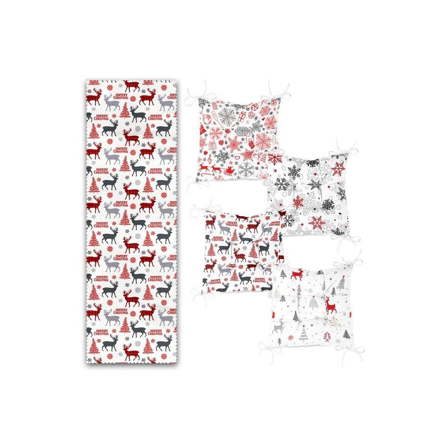 Набор подушек для стула с новогодним тематическим принтом оленя / 4 квадратных подушки для стула 40×40 см и 1 дорожка