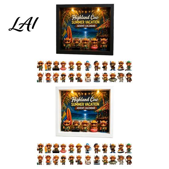 Miniature Animal Figure Collection Highland Cow Summer Vacation Advent Calendar 2026 24 Days Mini Cattle Figurines Creative Holiday Gift Countdown