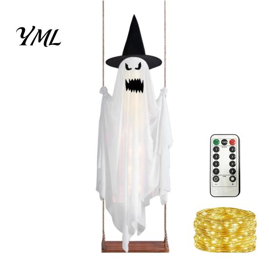 Decorative Ghost for Front Porch Luminous Halloween Hanging Swing with Witch Hat, Remote-controlled Adjustable Creepy Ornaments Brightness,