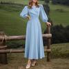 Women Casual Round Neck Loose Puff Long Sleeve Solid Dress