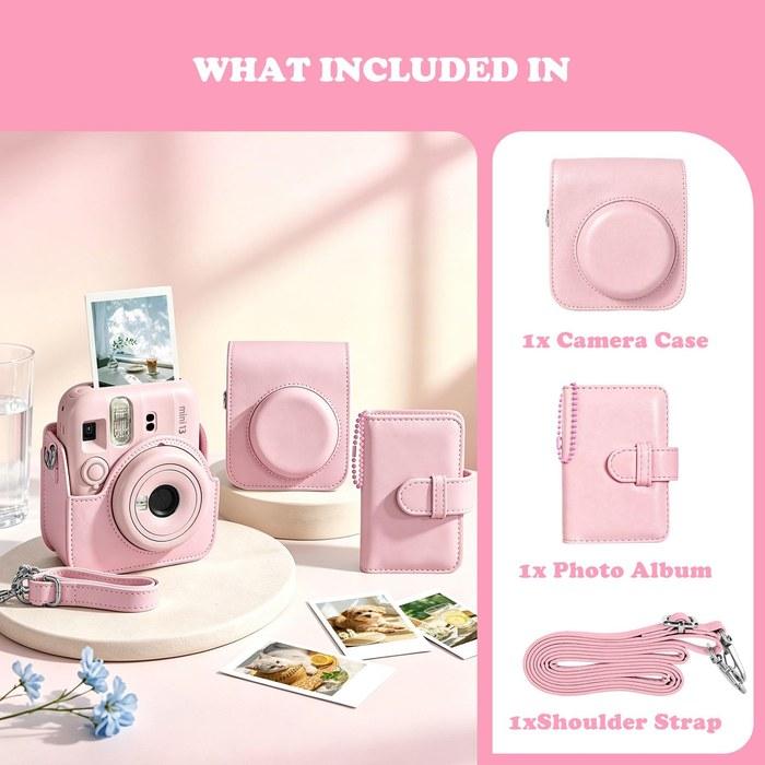 [HIYQIN] Instax Mini 13/12 PU Leather Protective Case Instant Camera Accessory Kit Pink
