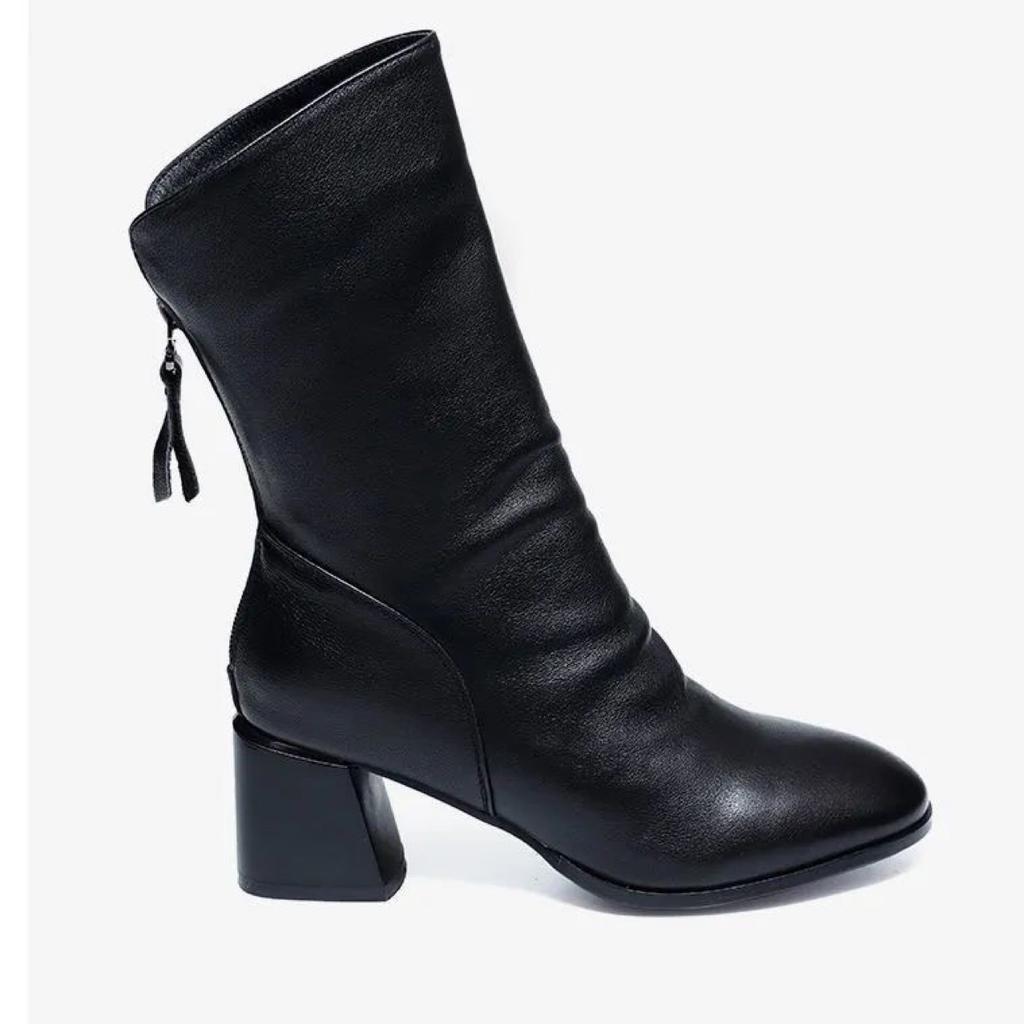 Осенне-зимние сапоги на высоком каблуке, женские сапоги до середины голени, короткие сапоги на толстом каблуке, кожаные сапоги на среднем каблуке из мягкой кожи