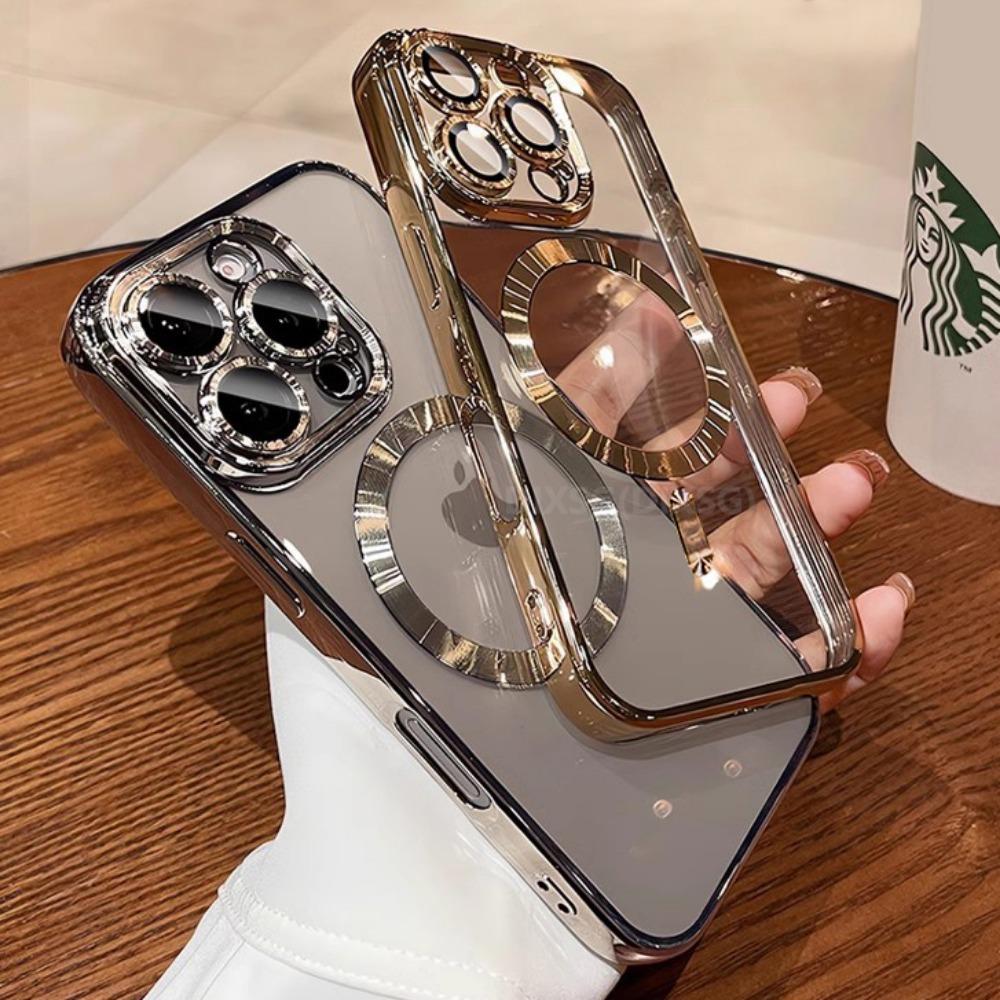 Luxury For Magsafe Magnetic For iPhone 16 15 14 13 12 11 Pro Max Plus Transparent Pink Soft Plating Lens Protection Case Cover