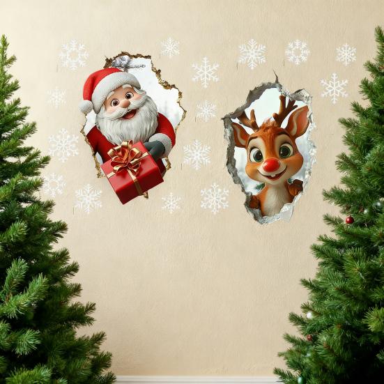 Рождественская наклейка на стену Реалистичная самоклеящаяся наклейка на стену Санта-Клаус 3D визуальный эффект Мультяшная наклейка с лосем для стен Домашний декор для гостиной, игровой комнаты
