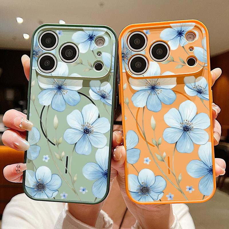 Красивый чехол с узором из небесно-голубых цветов для iPhone 17 Pro Max Магнитный для Magsafe Покрытие с ощущением кожи для iPhone 16 15 14 13 Pro Max
