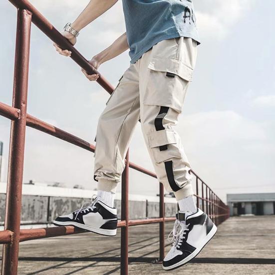 Мужские брюки-карго, свободные, с завязками на щиколотке, эластичный пояс, однотонные, с несколькими карманами, декор на ремне, для фитнеса, уличной одежды, для активного отдыха, путешествий, спорта, брюки