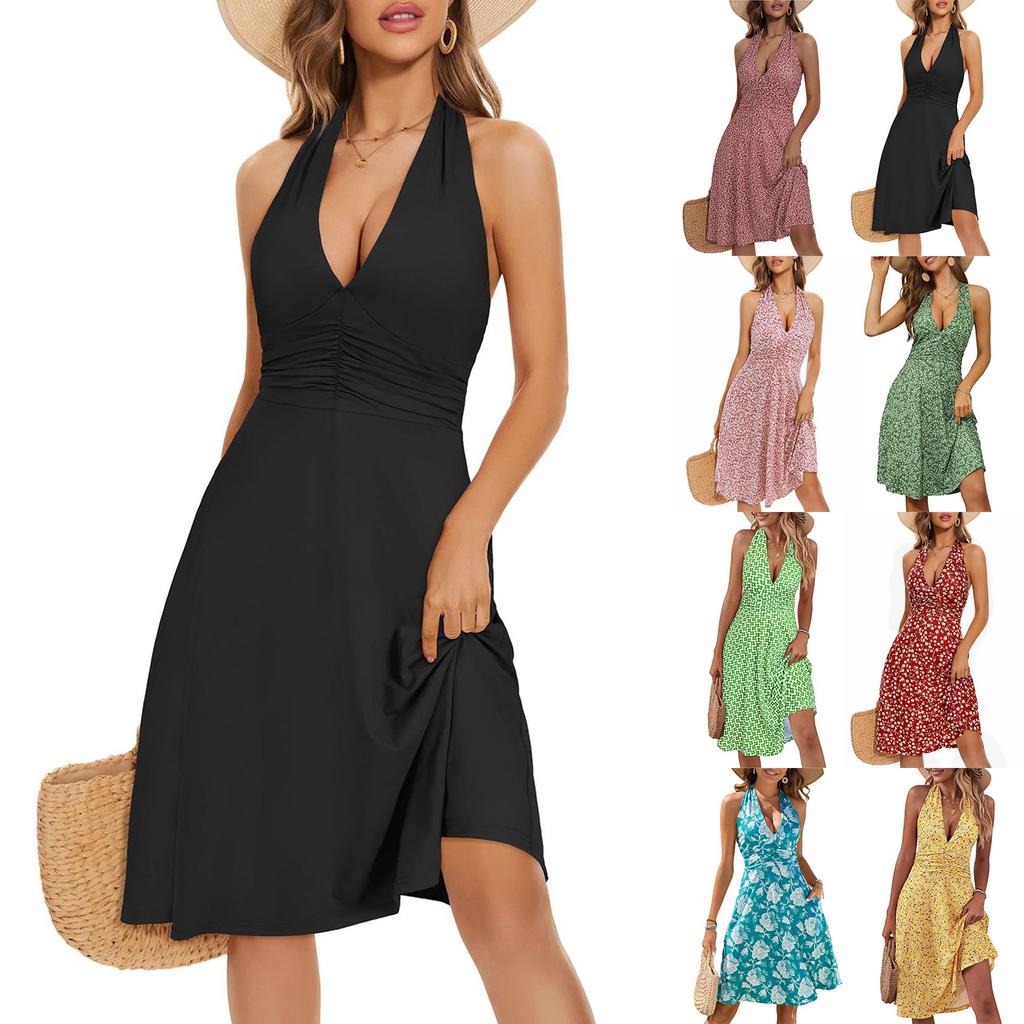 Sleeveless Summer Dress Women Halter Neck Tie Back Floral Print Elastic Waist Ruffle Hem Casual Dress with Pockets