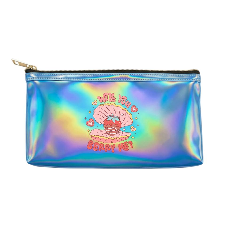 Retro Strawberry Pearl Shell Pattern Laser Cosmetic Makeup Bag, Holographic Travel Toiletry Pouch with Aesthetic Print for Girls Women Holiday Gift