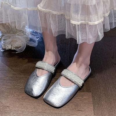 Лето 2025 Балетки Мюли Женская обувь Слингбэки Шлепанцы Женские Дизайнерские Сандалии с квадратным носком и бусинами Слайды для платья Женские