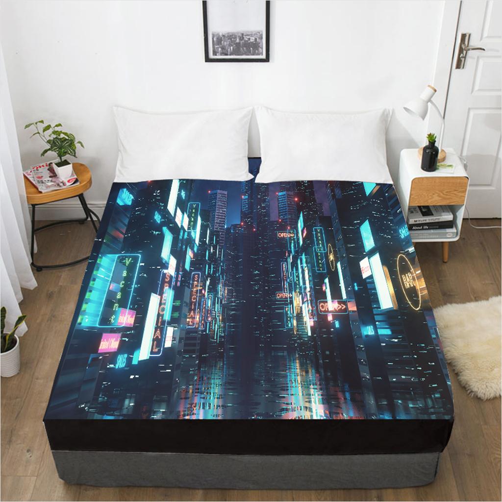 Домашний текстиль Простыня на резинке с узором «Городская ночь» Чехол для матраса с 3D-принтом Простыня с эластичной резинкой Постельное белье Отдельный предмет