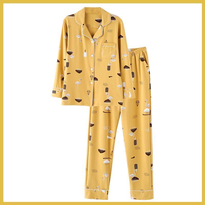 Новый комплект пижамы с длинными рукавами для женщин, весенняя и осенняя пижама из чистого хлопка, корейский стиль, домашняя пижама большого размера