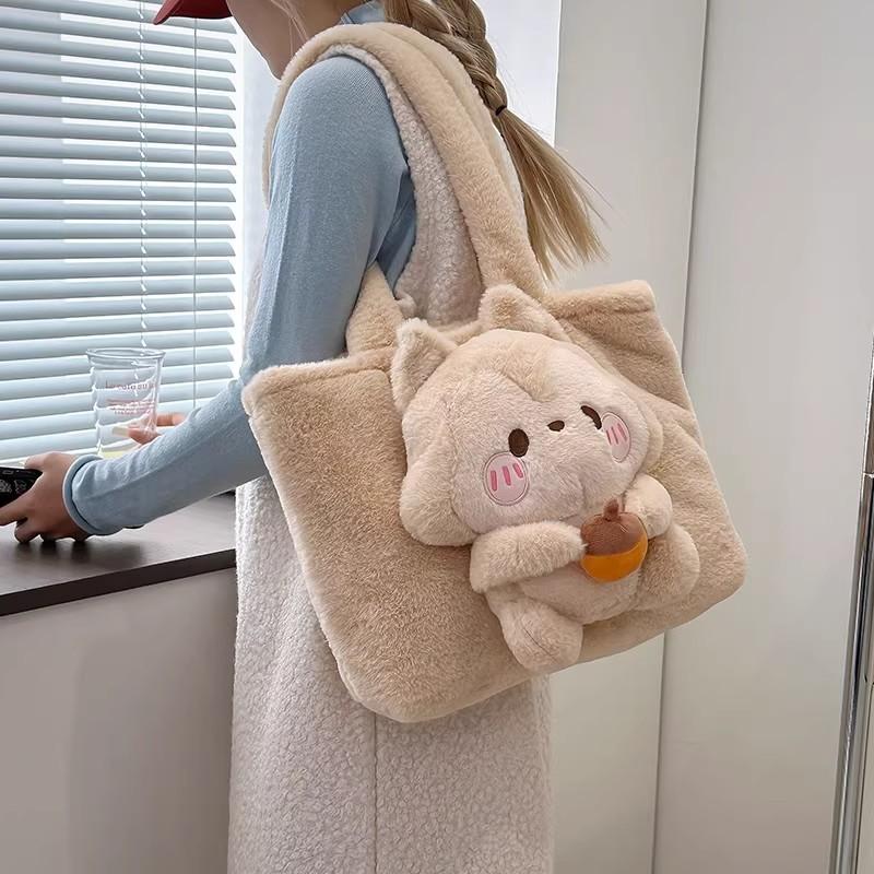 JIAERDI Adorable 3D Squirrel Handbag Women Cartoon Lolita Plush Shoulder Bag Ladies Large Capacity Lightweight Tote Bags Winter