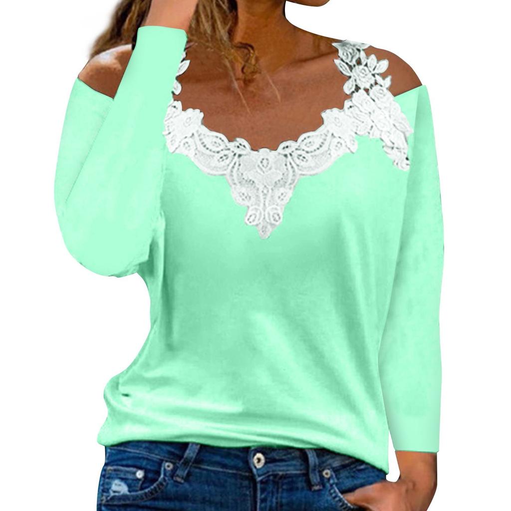 Модный кружевной пуловер с v-образным вырезом и длинным рукавом, однотонная повседневная футболка