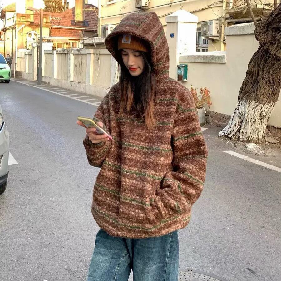 Men's Oversized Japanese Retro Striped Woolen Half-Zip Hoodie Sweater for Autumn/Winter