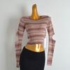 Color Stripe Round Neck Pullover Knit Women Clothes Spring and Autumn Gyaru Slim Fit Short Waist Lace-up Bottoming Shirt Top