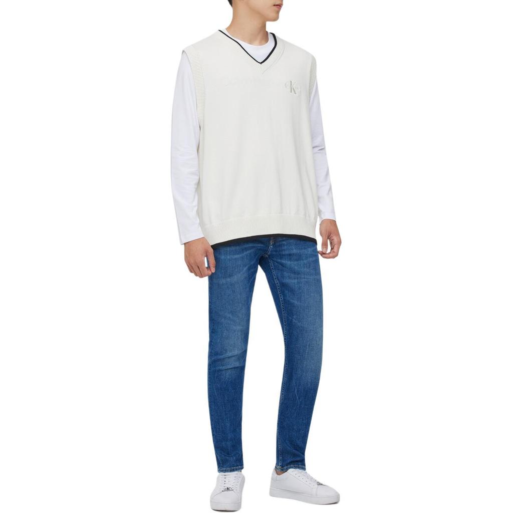 Calvin Klein Letter Embroidery Color Block Cotton Knit Sweater Men Sweater White J324408-YBI