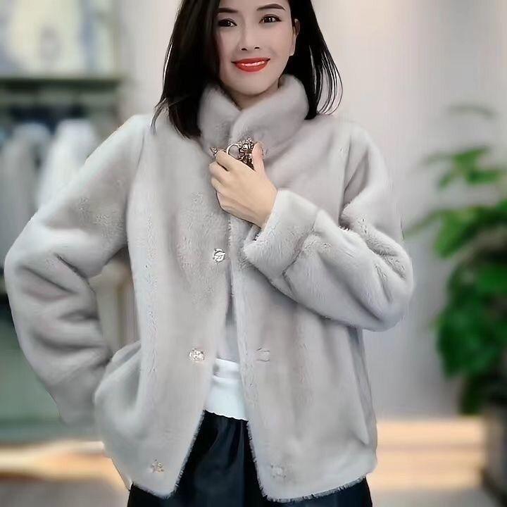 New Mink Fur One Piece Short Stand Neck Fashion Versatile Casual Slim Large Size Faux Fur Coat Autumn Winter Feminine Style